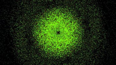 Parlak yeşil bokeh ışıltılarıyla soyut bir arka plan, siyah arkaplanda bir halka oluşturur. Animasyon. Uzayda yavaşça akan soyut yeşil bokeh parçacıkları.