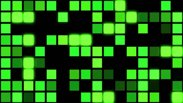 Green motion abstract background with colorful pixels flashing and switching on black background, seamless loop. Animation Green glowing mosaic tiles in parallel rows.