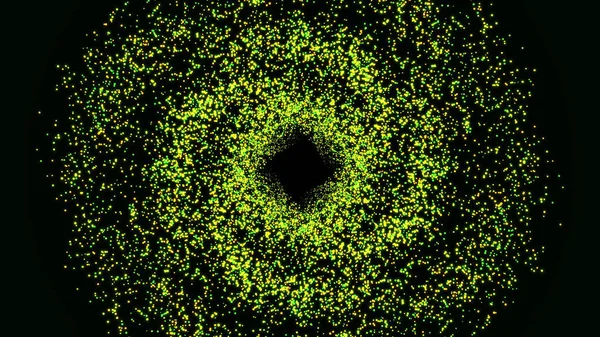 Fondo abstracto con brillantes destellos bokeh verdes formando un anillo sobre fondo negro. Animación. Partículas bokeh verdes abstractas que fluyen lentamente en el espacio . — Foto de Stock