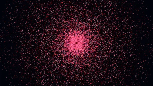Siyah zemin üzerinde küçük pembe uçan parçacıklar tarafından oluşturulan girdap boyunca renkli uzay yolculuğu. Animasyon. Güzel pembe noktalar sarmalı.