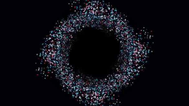 Partículas douradas brilhantes flutuando, girando em uma trajetória em espiral e se espalhando sobre fundo preto. Animação. Nuvem abstrata de pequenos círculos formando túnel espacial . — Vídeo de Stock
