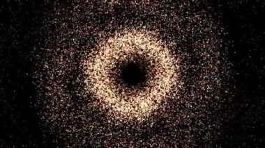 Soyut hareketli dijital solucan deliği, altın ışıldayan parçacıklardan oluşan bir tünel. Animasyon. Birçok uçan yıldızın nefes kesici uzay manzarası.