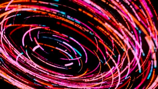 Brillante incandescente flussi veloci in movimento di luce, lungo la traiettoria di un cerchio su sfondo nero, anello senza soluzione di continuità. Animazione. Linea d'onda volante ad energia veloce con luci flash . — Video Stock