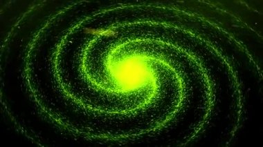 Renkli, parlayan ve dönen ışık parçacıkları spiral şeklinde, kusursuz bir döngü. Animasyon. Işık küresinde parlayan ve uçan soyut küçük noktalar.