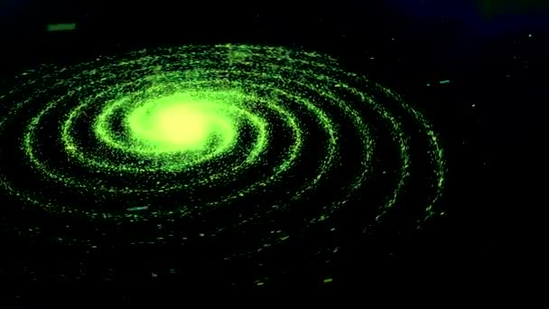 Particules lumineuses colorées brillantes et rotatives en forme de spirale, boucle transparente. Animation. Petits points abstraits qui brillent et volent autour de la sphère de lumière . — Video
