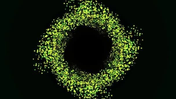 Fondo abstracto con brillantes destellos bokeh verdes formando un anillo sobre fondo negro. Animación. Partículas bokeh verdes abstractas que fluyen lentamente en el espacio . — Vídeos de Stock
