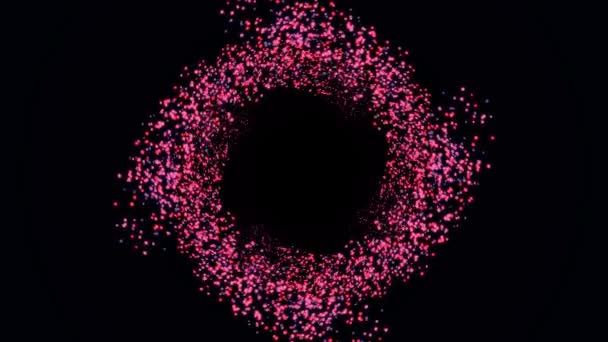 Colorido viaje espacial a través del vórtice formado por diminutas partículas voladoras rosadas sobre fondo negro. Animación. Hermosa espiral rosa de puntos en movimiento . — Vídeo de stock