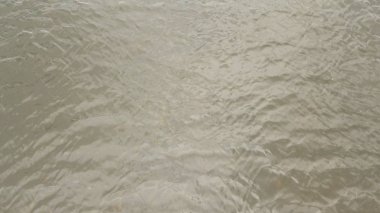 Su yüzeyinde dalgalanmalar ve güneş ışınları yansımaları var. Stok görüntüleri. Küçük kirli su dalgalarıyla yaz nehri arka planı.