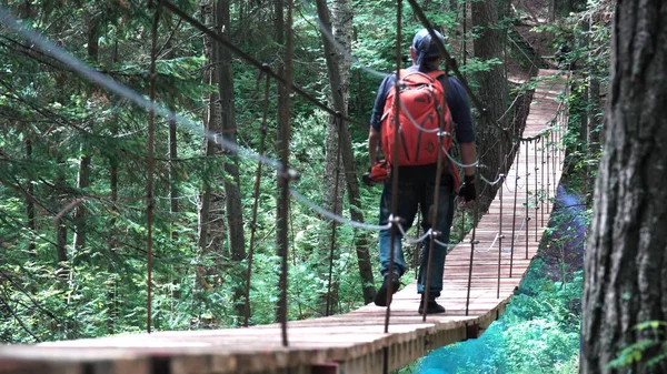 Facet spacerujący po moście w Parku Narodowym, Usa. Materiał filmowy. Widok z tyłu człowieka turysta z plecakiem trekking w lesie przez most zawiasowy — Zdjęcie stockowe