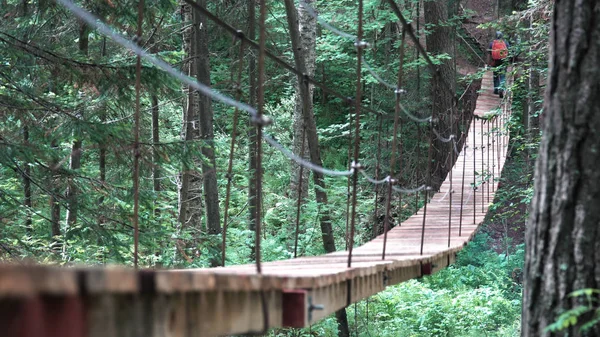 En hängbro på vandringsled genom grön tät skog med en man resenär med röd ryggsäck. Lagerbilder. Bakifrån på en man som korsar hängbron. — Stockfoto