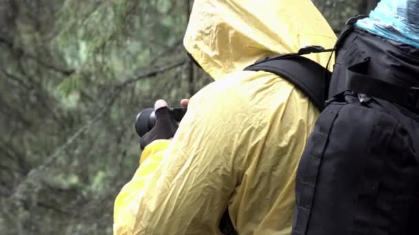 Vue latérale d'un jeune homme debout parmi les arbres et prenant des photos de la forêt d'été. Images d'archives. Randonneur en veste jaune avec une caméra dans les mains dans la forêt . — Video