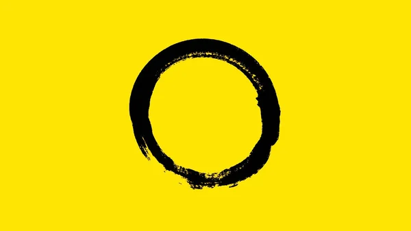 Animation abstraite du dessin d'un cercle avec un pinceau. Animation. Cercle dessiné à l'encre noire sur fond jaune — Photo