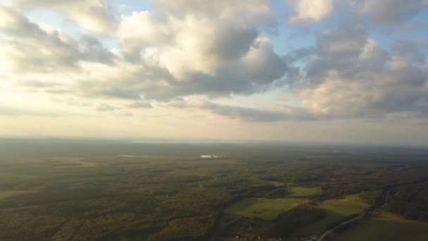 Flygfoto över gränslös skog under vita moln och blå himmel. Lagerbilder. Naturlandskap med gröna träd och fält tidigt på hösten. — Stockvideo