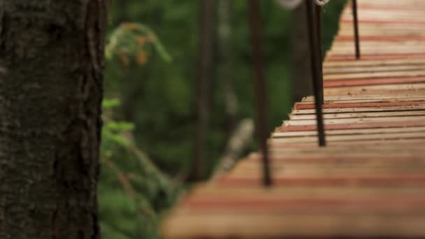 Close up of the edge of hanging wooden bridge on blurred green grass background. Stock footage. Wobbling wooden suspension bridge in city park. — 비디오