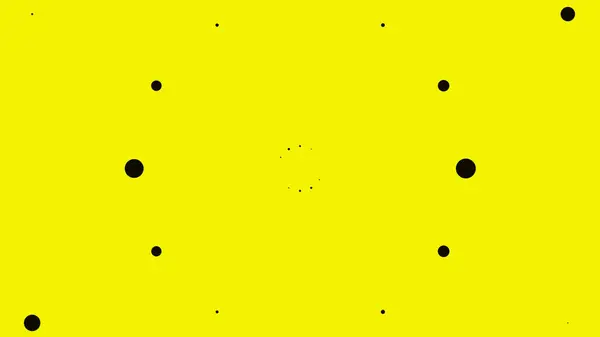 Streść małe czarne kropki na żółtym tle. Animacja. Czarne kropki różnej wielkości zdają się eksplodować i odbiegać w różnych kierunkach. — Zdjęcie stockowe