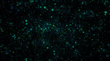 Siyah arkaplanda dönen bulanık neon parçacıkları. Animasyon. Parlak bulanık parçacıkların kaotik hareketine sahip güzel soyut arkaplan uzayda olduğu gibi