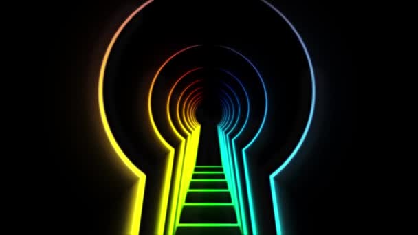Abstract animation neon lock hole. Animation. Neon tunnel in shape of door opening for key. Keyhole tunnel on black background — Stock Video