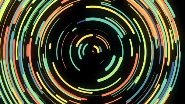 Abstrakte Animation einer sich bunt drehenden Strichspirale. Animation. schöne Neon-Spirale aus kurzen Linien dreht sich wie eine Disco-Scheibe auf schwarzem Hintergrund — Stockvideo