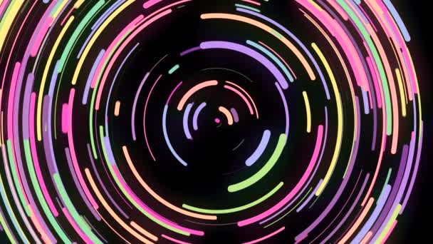 Abstract animation of colorfully twisting spiral of strokes. Animation. Beautiful neon spiral of short lines twists like disco disc on black background — 비디오