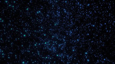 Siyah arkaplanda dönen bulanık neon parçacıkları. Animasyon. Parlak bulanık parçacıkların kaotik hareketine sahip güzel soyut arkaplan uzayda olduğu gibi