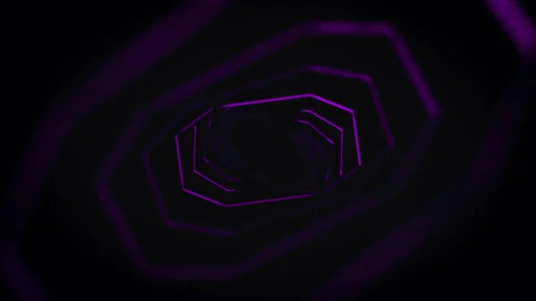 Abstract animation of geometric swirling neon spiral on black background. Animation. 3D polygonal shape of neon tunnel in black space — 스톡 사진