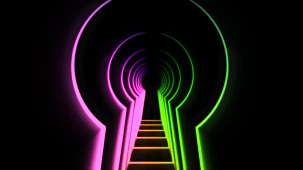 Abstrato animação neon bloqueio buraco. Animação. Túnel de néon em forma de abertura de porta para chave. Túnel do buraco da fechadura no fundo preto — Vídeo de Stock