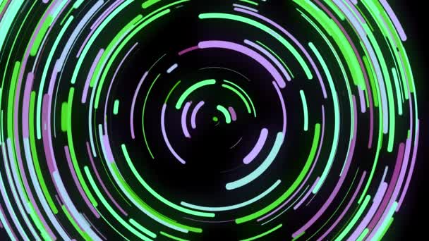 Animazione astratta di spirale coloratamente torcente di colpi. Animazione. Bella spirale al neon di linee corte torsioni come disco da discoteca su sfondo nero — Video Stock