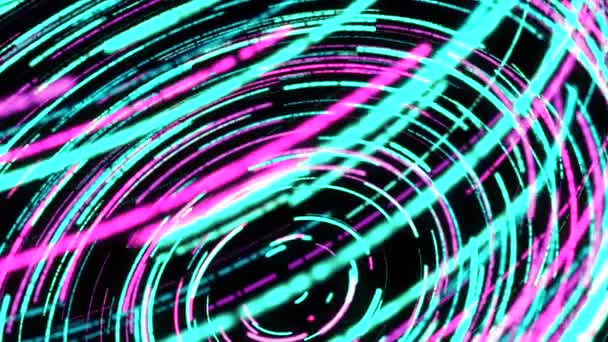 Neon çizgilerin dijital spiralinin 3 boyutlu animasyonu. Animasyon. Siyah arkaplan üzerinde 3d etkisi olan renkli çizgili spiral ile canlı canlandırma — Stok video
