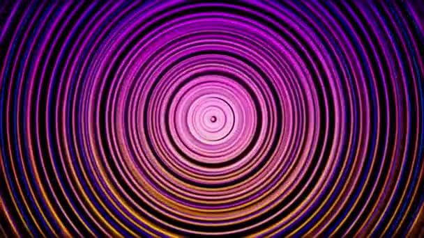 Abstrakte Ringe aus rosa, blauen und gelben Farben, die sich auf schwarzem Hintergrund bewegen, nahtlose Schleife. Animation. Neon glühende Kreise schimmern und fließen langsam. — Stockvideo