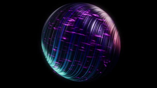 Planeta púrpura abstracto cubierto por hermosas líneas dobladas brillantes en forma de rosca aisladas sobre fondo negro. Animación. Increíble cuerpo espacial girando y brillante, lazo sin costuras . — Vídeos de Stock