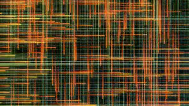 Líneas rectas estrechas coloridas abstractas que fluyen sobre fondo negro, lazo sin costuras. Animación. Naranja, rayos verdes fluyen y se cruzan entre sí . — Vídeo de stock