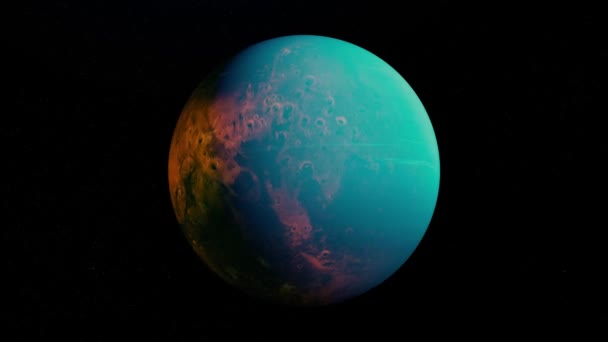 3D beautiful planet rotating surrounded by endless dark space. Animation. Colorful spinning unknown planet isolated on black background, seamless loop. — Stock Video