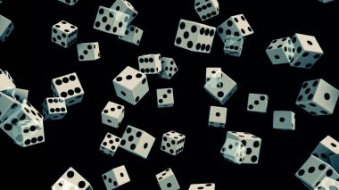Siyah zemin üzerinde yatay akan beyaz renkli zarlar, kusursuz döngü. Animasyon. Siyah ve beyaz zar oynuyor, şans oyunları konsepti..
