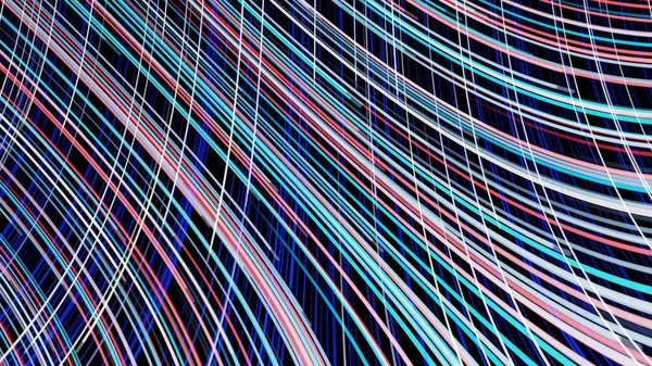 Abstracte kleurrijke smalle lijnen stromend op zwarte achtergrond, naadloze lus. Animatie. Roze, groene en blauwe stralen stromen en kruisen elkaar. — Stockfoto