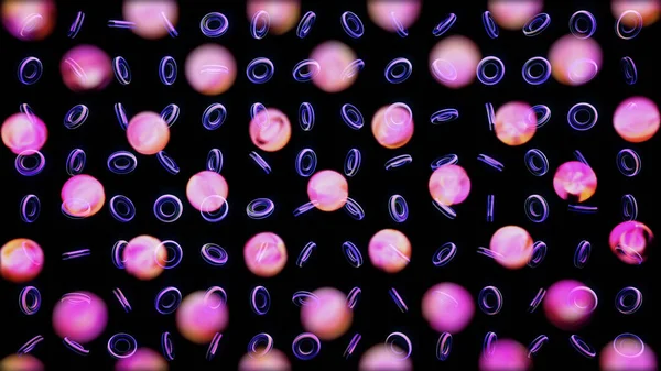 Abstrakte Reihen rotierender kleiner Ringe und verschwommener Kreise auf schwarzem Hintergrund, nahtlose Schlaufe. Animation. Bokeh Hintergrund und sich drehende lila Ringe. — Stockfoto