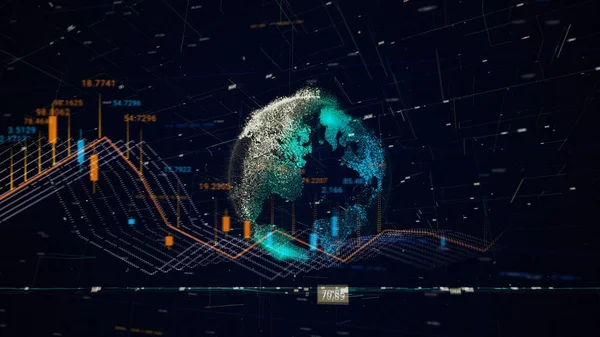 Conceito de negócio e mercado de ações, silhueta do planeta Terra cercado por números e diagramas. Animação. Resumo notícias de negócios fundo . — Fotografia de Stock