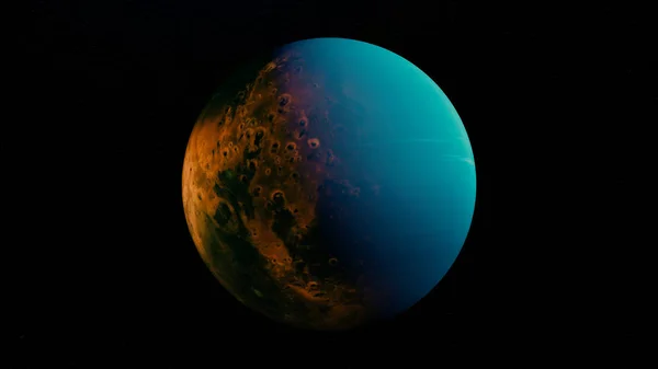 無限の暗い空間に囲まれた3D美しい惑星の回転。アニメーション。黒い背景に孤立したカラフルな回転する未知の惑星、シームレスなループ. — ストック写真