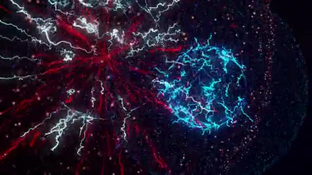 Bliksemexplosie, knipperende lichtimpulsen op zwarte achtergrond, naadloze lus. Animatie. Energie-explosie, adembenemende bollen en deeltjes. — Stockvideo