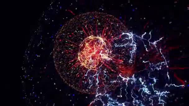 L'energia magica della galassia, astrazione fantascientifica. Animazione. Esplosione mozzafiato di sfera di energia su sfondo nero, loop senza soluzione di continuità . — Video Stock
