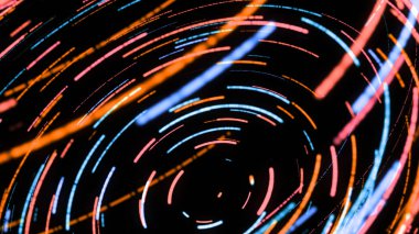 Neon çizgilerin dijital spiralinin 3 boyutlu animasyonu. Animasyon. Siyah arkaplan üzerinde 3d etkisi olan renkli çizgili spiral ile canlı canlandırma