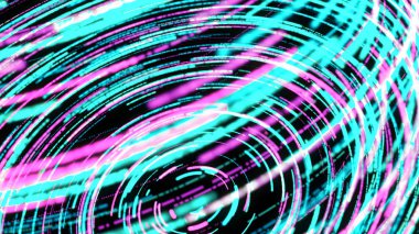 Neon çizgilerin dijital spiralinin 3 boyutlu animasyonu. Animasyon. Siyah arkaplan üzerinde 3d etkisi olan renkli çizgili spiral ile canlı canlandırma