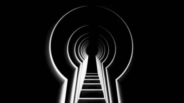 Neon keyhole. Animation. Beautiful neon white tunnel in shape of keyhole on black background. Keyhole animation symbolizing opening or immersion in imagination — 스톡 사진