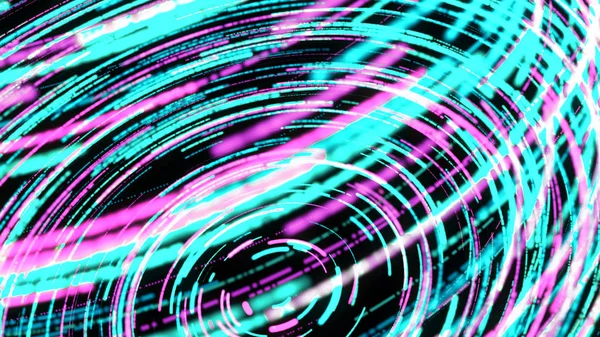 3D animation of twisting digital spiral of neon stripes. Animation. Vivid animation with colorful striped spiral with 3D effect on black background