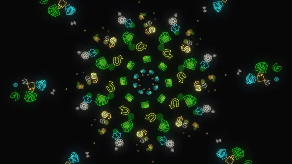 Abstrakt animation av hypnotisk spiral av neon symboler. Animering. Psykedelisk spiral av neon emojis på svart bakgrund — Stockfoto
