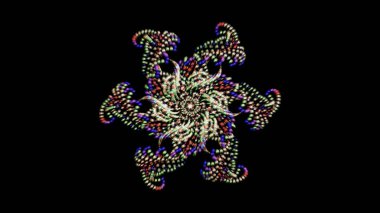 Hipnotik kaleydoskop arka planı, küçük toplardan oluşan değişken şekiller, pürüzsüz döngü. Animasyon. Siyah arkaplanda izole edilmiş güzel hareket eden küçük boncuklar..