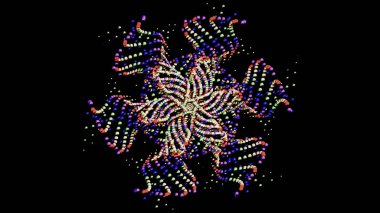 Hipnotik kaleydoskop arka planı, küçük toplardan oluşan değişken şekiller, pürüzsüz döngü. Animasyon. Siyah arkaplanda izole edilmiş güzel hareket eden küçük boncuklar..