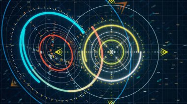 Radar sistemi ve modern fütüristik ekran, askeri güvenlik kavramı. Animasyon. Tarama sonuçlarını gösteren Radar ekranı.