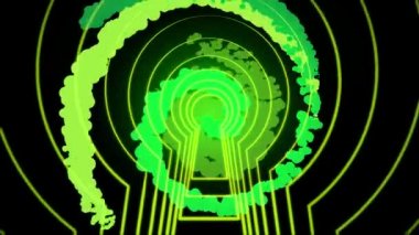 Soyut anahtar deliği ve hareketli halkalar ekran merkezinde dönen spiral, kusursuz döngü. Animasyon. Hipnotik efektli yeşil soyutlama.