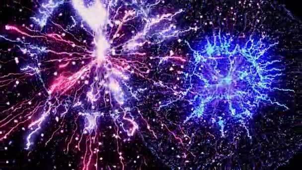 Blitzexplosion, blinkende Lichtimpulse auf schwarzem Hintergrund, nahtlose Schleife. Animation. Energieexplosion, atemberaubende Sphären und Teilchen. — Stockvideo