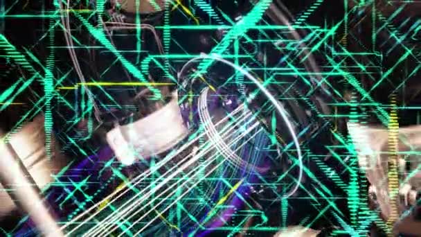 Close-up van een abstract laserwapen en zijn bewegend mechanisme omgeven door gekruiste kleurrijke lijnen, naadloze lus. Animatie. Gloeiende laser met lichtstralen. — Stockvideo